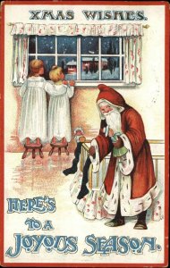 Christmas Santa Claus Red HoodKids at Window BB LONDON c1910 Postcard