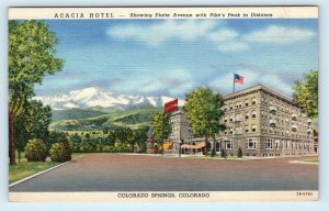 COLORADO SPRINGS, CO  Street Scene & ACACIA HOTEL c1940s Linen Roadside Postcard