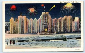 ST. PAUL, MN Minnesota ~ ICE PALACE Fireworks ~ Art DECO  c1930s Linen Postcard 