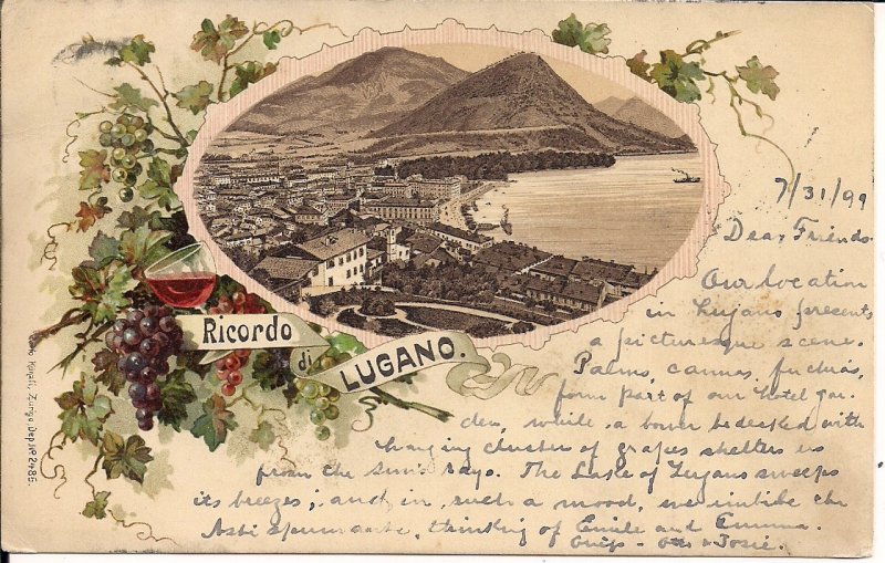 Lugano, Switzerland 1899 Wine, Grapes, View of Lake, Pioneer Era Postcard