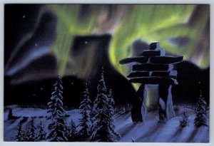 Inuit Inukshuk, Northern Lights, 2002 Art Postcard Signed Clay Steadman, NOS