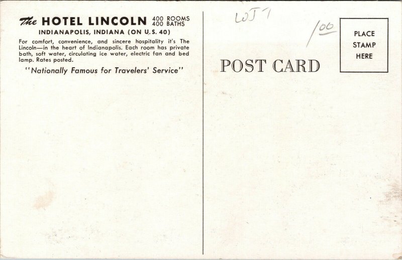 Vtg Hotel Lincoln Indianapolis Indiana IN Postcard