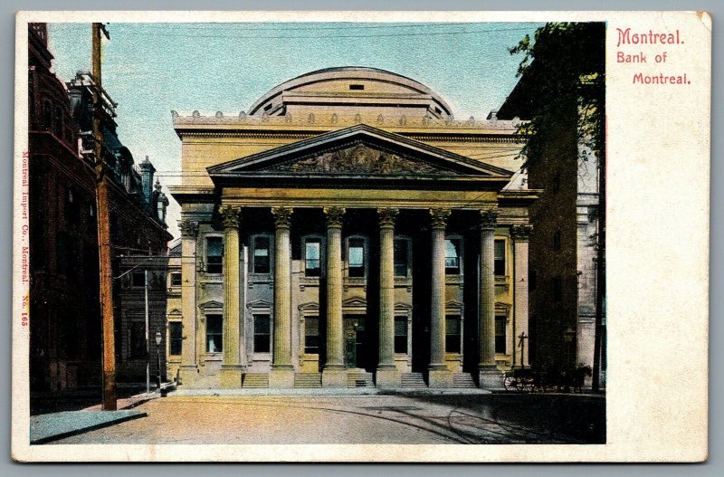 Postcard Montreal Quebec c1905 Bank of Montreal Trolley Tracks Horse Carriage