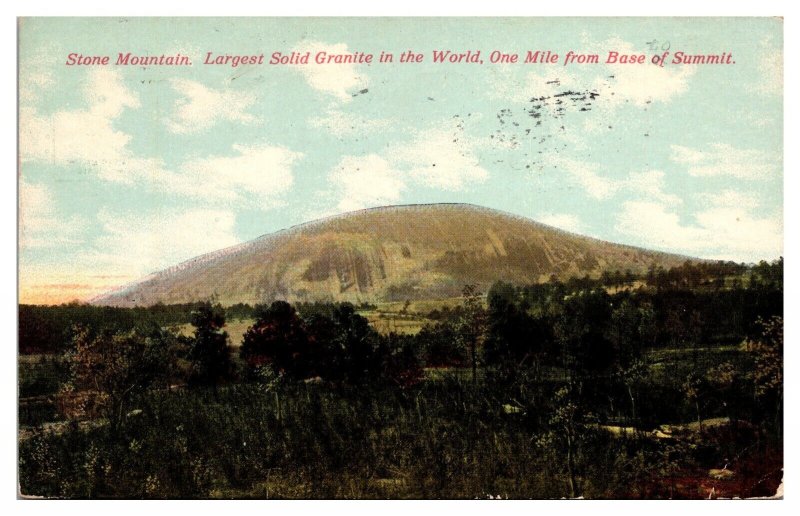 1911 Stone Mountain, Largest Solid Granite In The World, Stone Mtn, GA Postcard