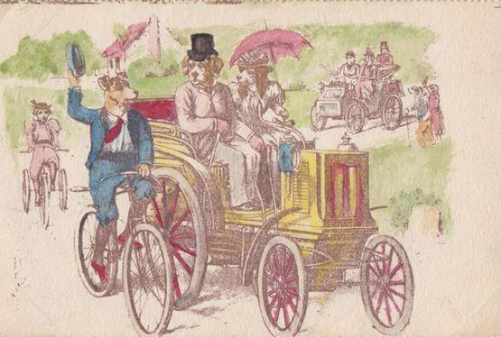 Dog Cycliist Race With Old Transportation Dogs Car Antique Comic Humour Postcard