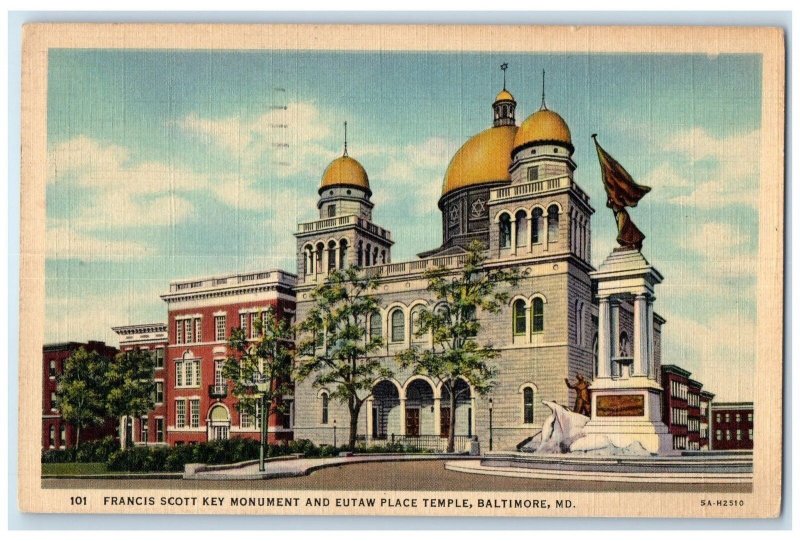 1938 Francis Scott Key Monument & Eutaw Place Baltimore Maryland MD Postcard