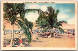 A Midwinter Scene Miami Beach Florida FL Crowd Bathing Beach Postcard