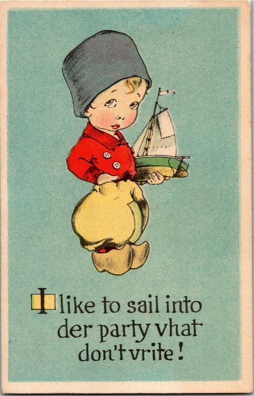 Dutch Boy Holding Toy Boat, I Like to Sail Vintage Postcard Y10 