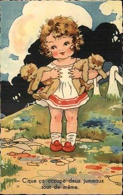 French Girl Holding Twin Teddy Bears Art Deco Postcard