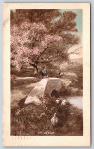 Greetings~Girl By River & Ducks Springtime~BB London Vintage Postcard