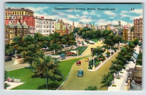 Commonwealth Avenue Boston Massachusetts Postcard Old Cars Park Linen Unposted