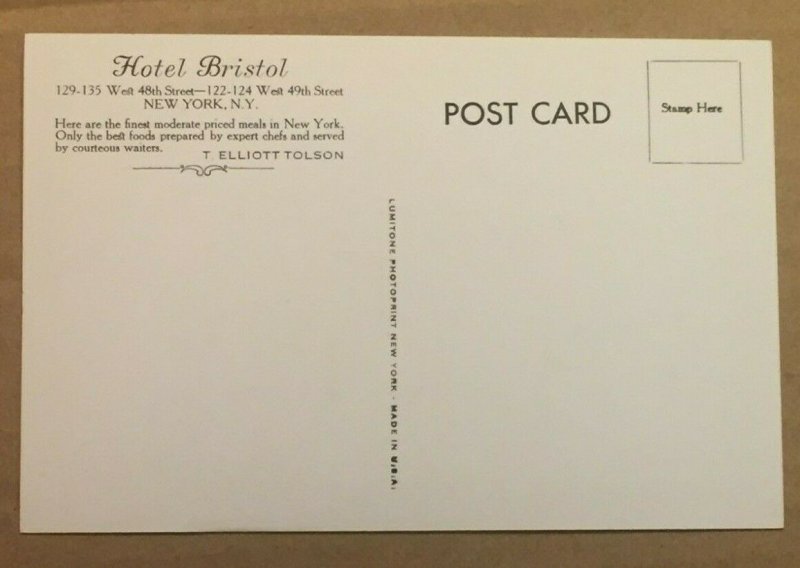 VINTAGE POSTCARD - UNUSED - GRILL ROOM, HOTEL BRISTOL, W. 48TH ST, N.Y