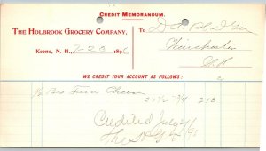 1896  Keene  New Hampshire  The Holbrook Grocery Company Receipt   8 x 4