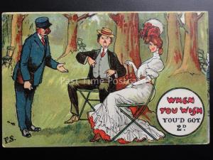 F.S. Comic Postcard: Park Attendant Seat Charge WHEN YOU WISH YOU'D GOT 2d c1907