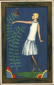 Art Deco Tall Slender Blond Woman Ferns & Bird A/S SENN Swiss Postcard