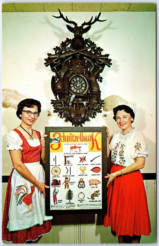 VINTAGE POSTCARD HAND-CARVED CUCKOO CLOCK AT FRANKENMUTH BAVARIAN INN MICHIGAN