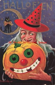 Halloween, Ullman No 143-2416, Bernhardt Wall, Witch Holding Jack o Lantern 