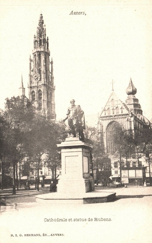 Vintage Postcard 1900's Cathedrale et statue de Rubens Anvers Antwerp Belgium 