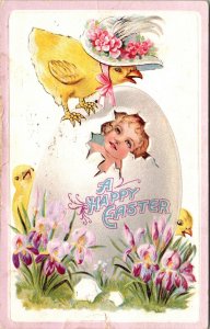 Embossed Easter Postcard Child Breaking Out of Eggshell Chick Wearing Bonnet