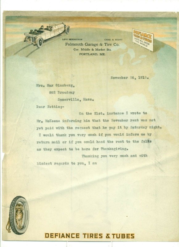 1918 Falmouth Garage & Tire Co. to Mrs. Max Ginsberg 11/26/18 Letter Head LH1. 