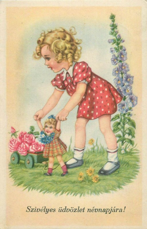 Hungary name day greetings postcard cute blonde girl with doll toy fantasy 1940s