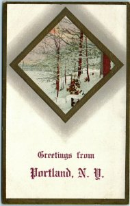 1910s Greetings from Portland NY Embossed Chautauqua County New York Postcard