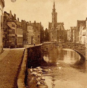 Quai Du Miroir Bruges Belgium Gravure 1910s Postcard Sepia PCBG12A