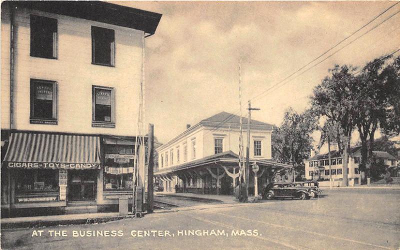 Hingham MA Business Center & Railroad Station Train Depot Postcard