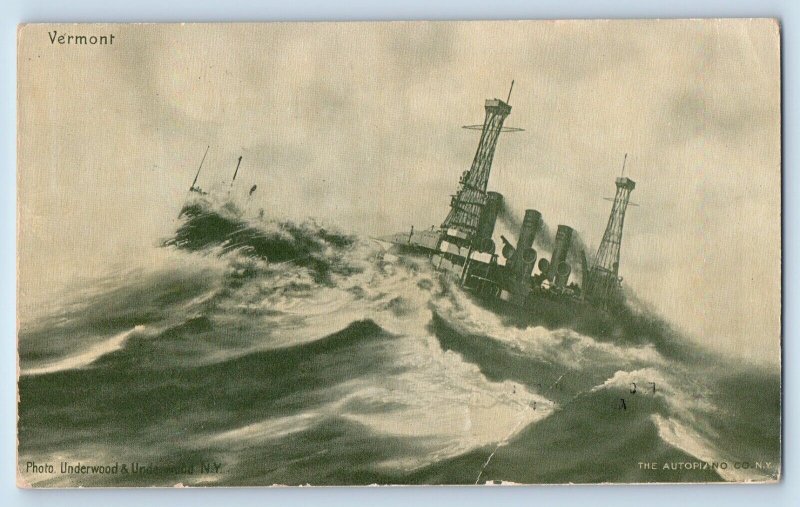 Vermont Postcard US Navy Battleship F C Charms Piano Co. Aberdeen SD Advertising