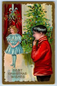 c1910's Christmas Wishes Child Girl Under Mistletoe Embossed Antique Postcard