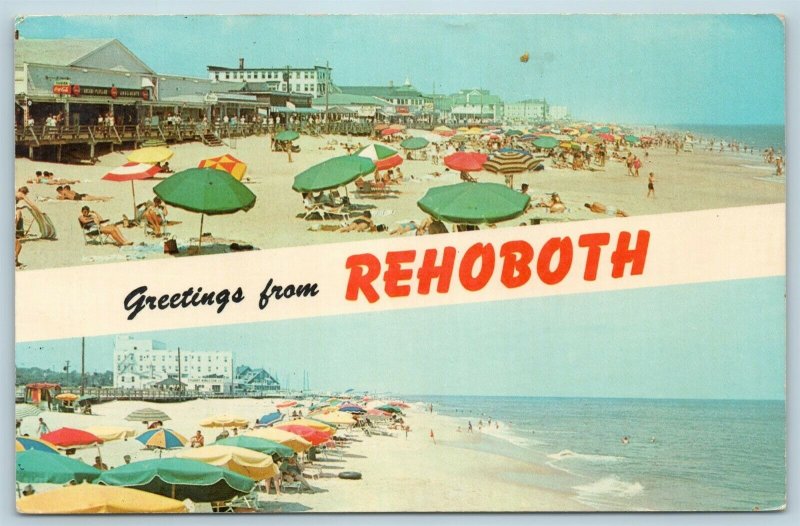 Postcard DE Rehoboth Beach Dual View Banner Greetings Boardwalk Hotels X5