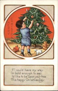 Whitney Christmas Little Boy Decorates Tree Toy Sheep c1910 Vintage Postcard