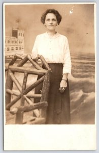 Old Woman Portrait Standin Wearing White Shirt Photograph Souvenir Postcard