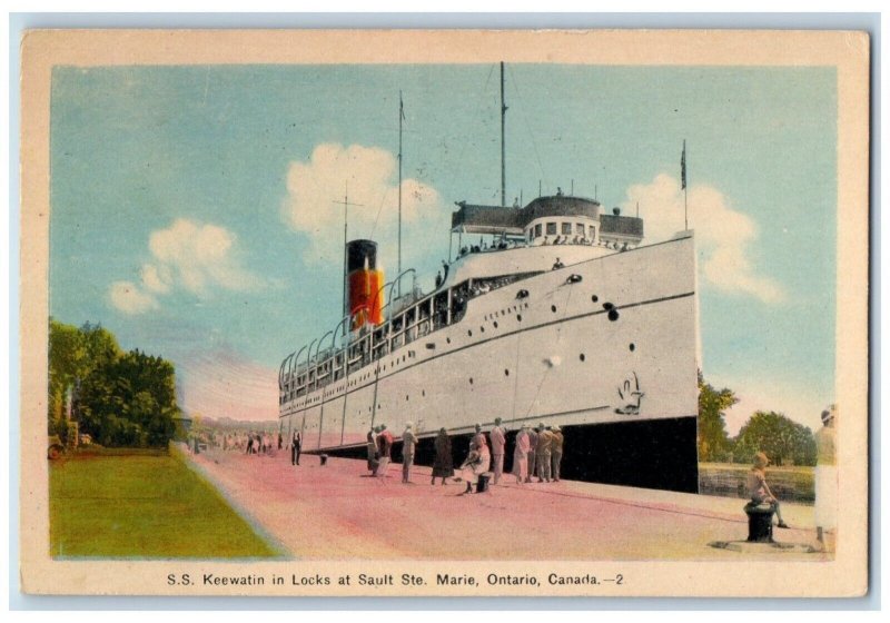 1946 S.S. Steamer Ship Keewatin Locks Sault Ste. Marie Ontario Canada Postcard