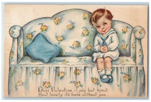 1917 Valentine Little Boy Sat On Sofa Floral Clover Gibson Green Bay WI Postcard