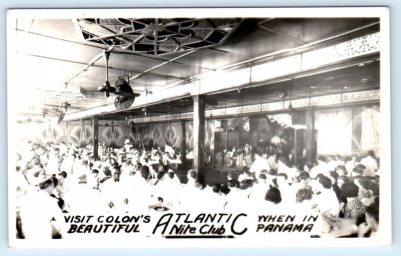 RPPC COLON, PANAMA ~ Crowded Interior ATLANTIC NITE CLUB c1930s-40s Postcard