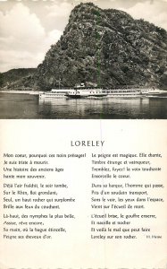 Sailing boats navigation themed postcard Loreley poem passenger cruise ship