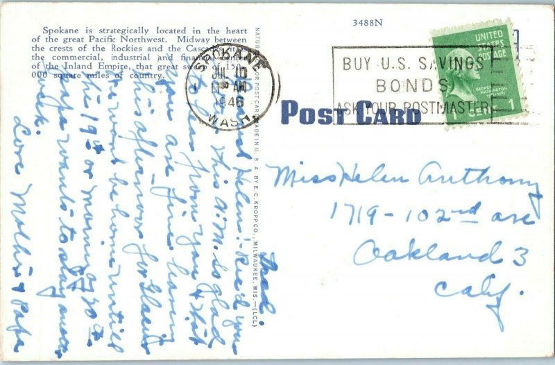 Bridges Postcard Bowl and Pitcher Bridge Spokane Washington Posted 1946