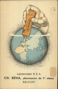 Alibourine Glue Fixing Earth Globe Ch. Beha Pharmacy Belfort c1930 Postcard