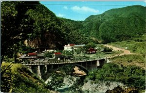 Aerial View Postcard Japanese Mountain Town Temple Bridge