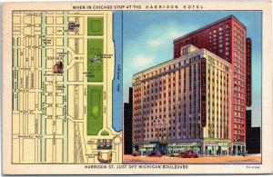 postcard IL -The Harrison Hotel, posted 1947, Savings Bond slogan cancel