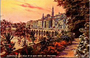 La Ville et le Quai Entre les Palmiers Menton Tucks 7530 Vintage Postcard V55