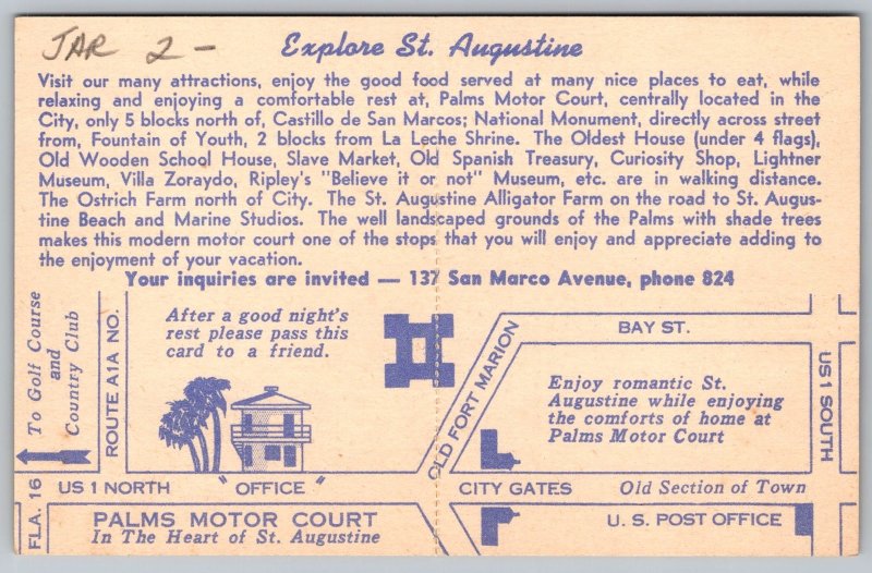 St Augustine Florida Million Dollar Live Oak Palms Motor Court Linen Postcard