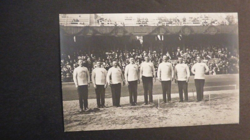 1912 Olympics Mint RPPC Postcard Stockholm Sweden Tug of War Team First Prize