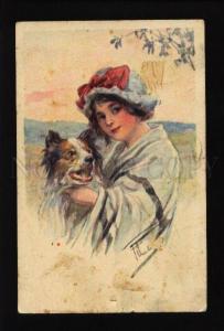 3073695 Belle Lady w/ Little COLLIE Dog Vintage Color RPPC