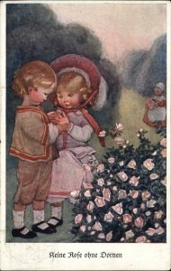 Antique GERMAN CHILDREN FOLK ART Little Boy Comforts Hurt Girl M MUNK