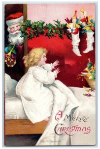 Christmas Santa Claus Girl Stockings Full Of Toys Ellen Clapsaddle Postcard