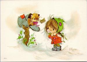 Christmas Little Girl Kitten Mailbox American Greetings Elena 1975 postcard