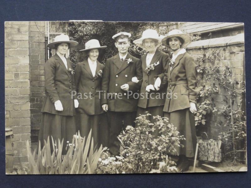 WW1 Wedding Portrait NAVY SOLDIER BRIDE & GROOM & Family c1918 RP