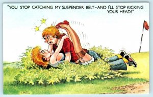 Bamforth Comic RISQUE GOLFERS Naughty Wrestling in Bushes Postcard